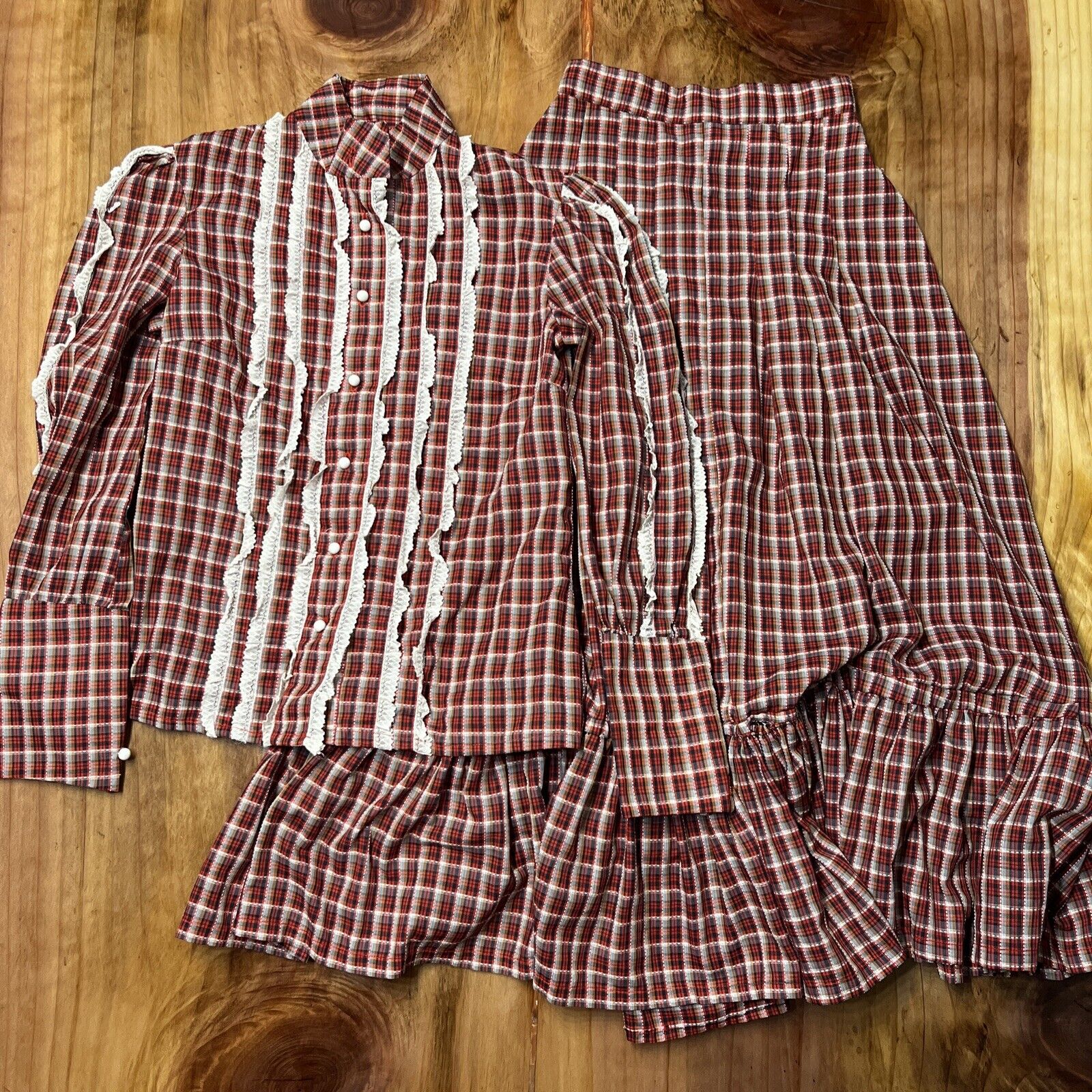 Vintage 70's Unbranded Blouse & Maxi Skirt Set Cotton Blend Lace Plaid Red B4-29