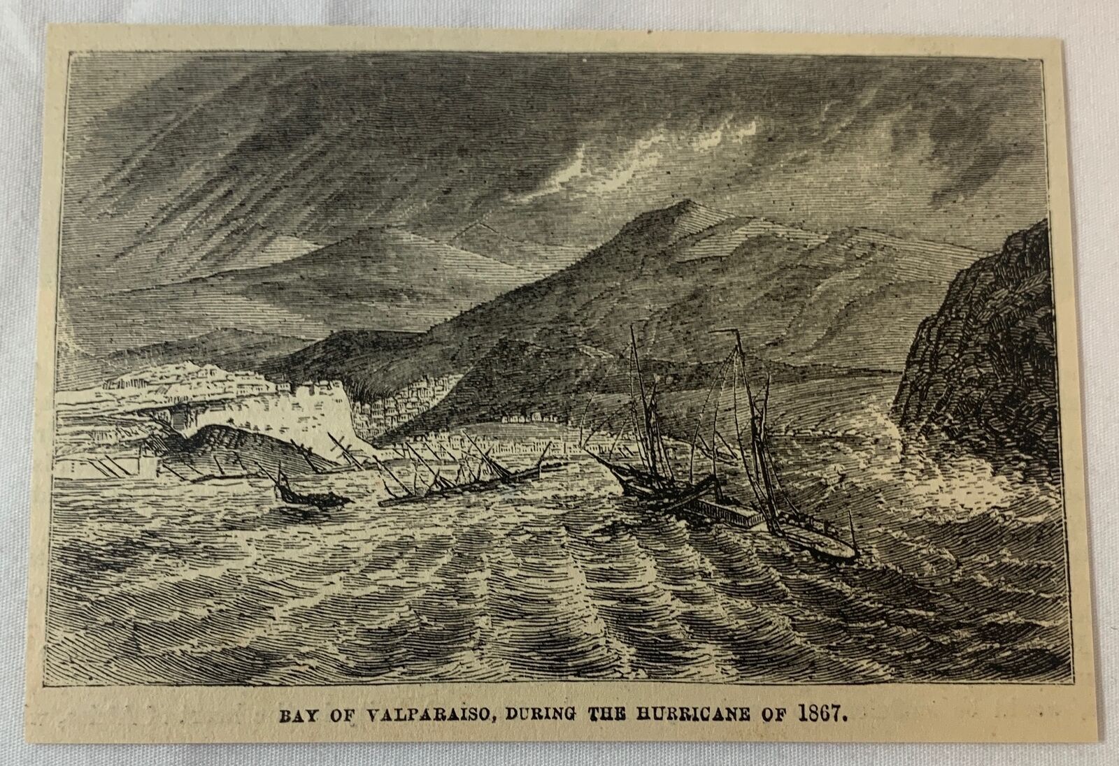 1876 magazine engraving ~ HURRICANE IN BAY OF VALPARAISO Chile
