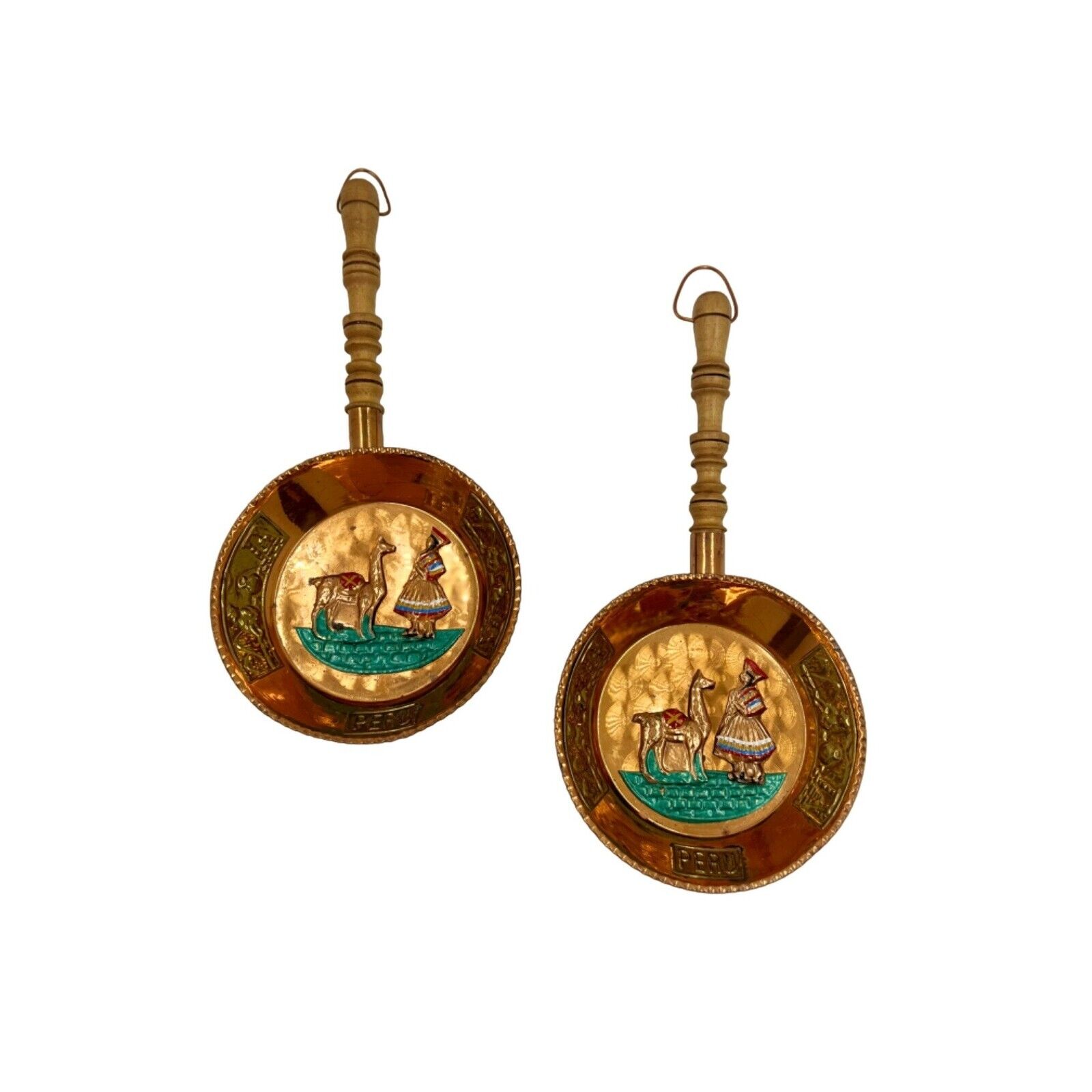 2 Pc Hand-Painted & Embossed Decorative Copper Mini Skillets Peru Souvenirs