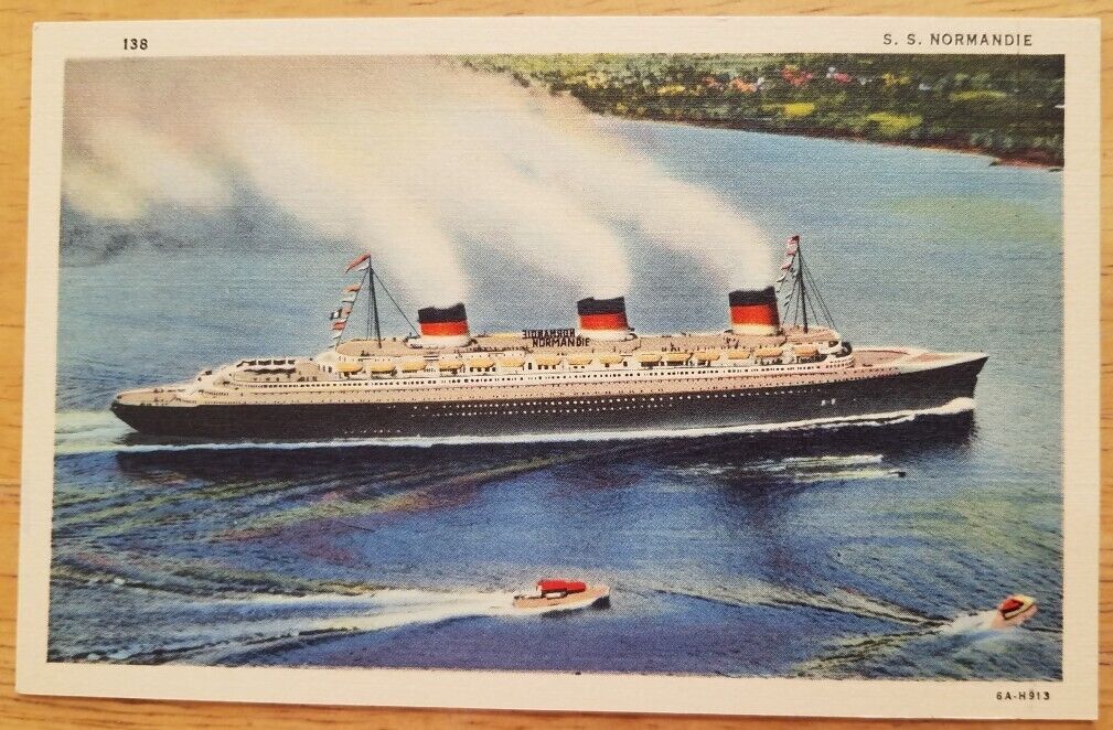 NORMANDIE (French) Aerial starboard view. c1936