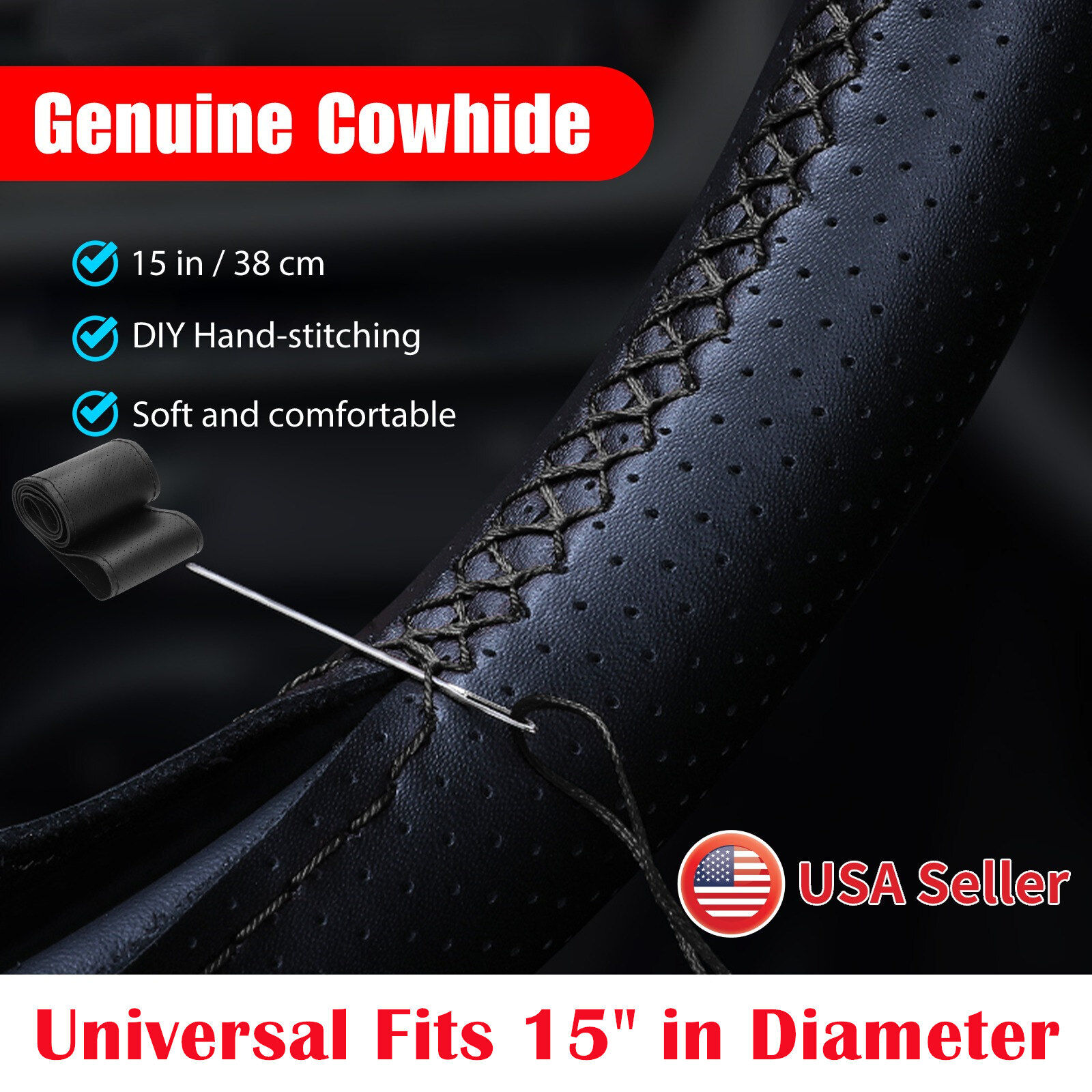 Genuine Leather DIY Car Steering Wheel Cover Anti-slip For 15