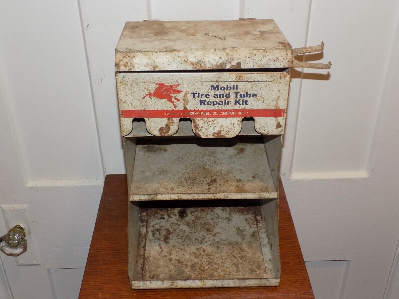Vintage Mobil Pegasus Tire and Tube Repair Kit Metal Store Display Cabinet