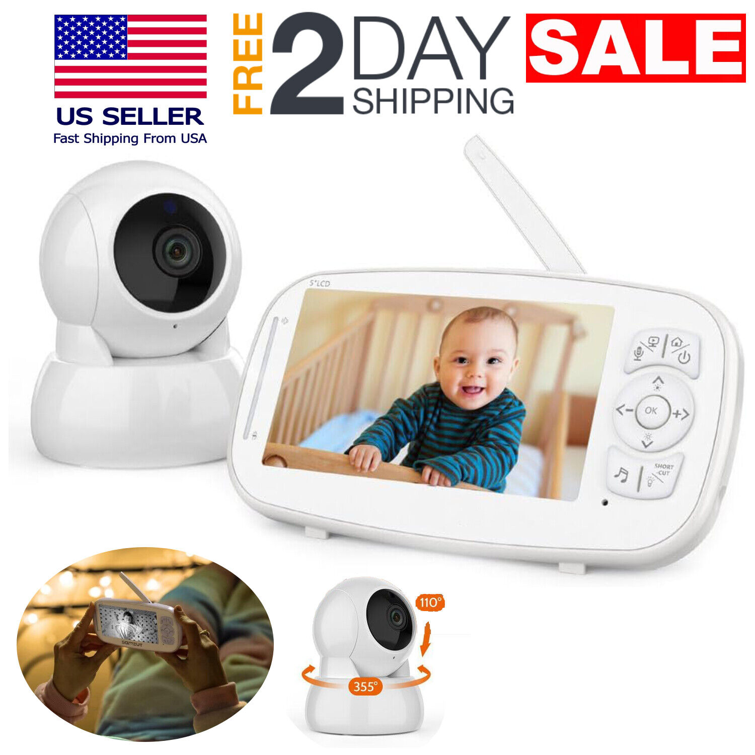 Monitor Con Camara 360 Vision Nocturna y Audio De Seguridad Para Cuartos De Bebe