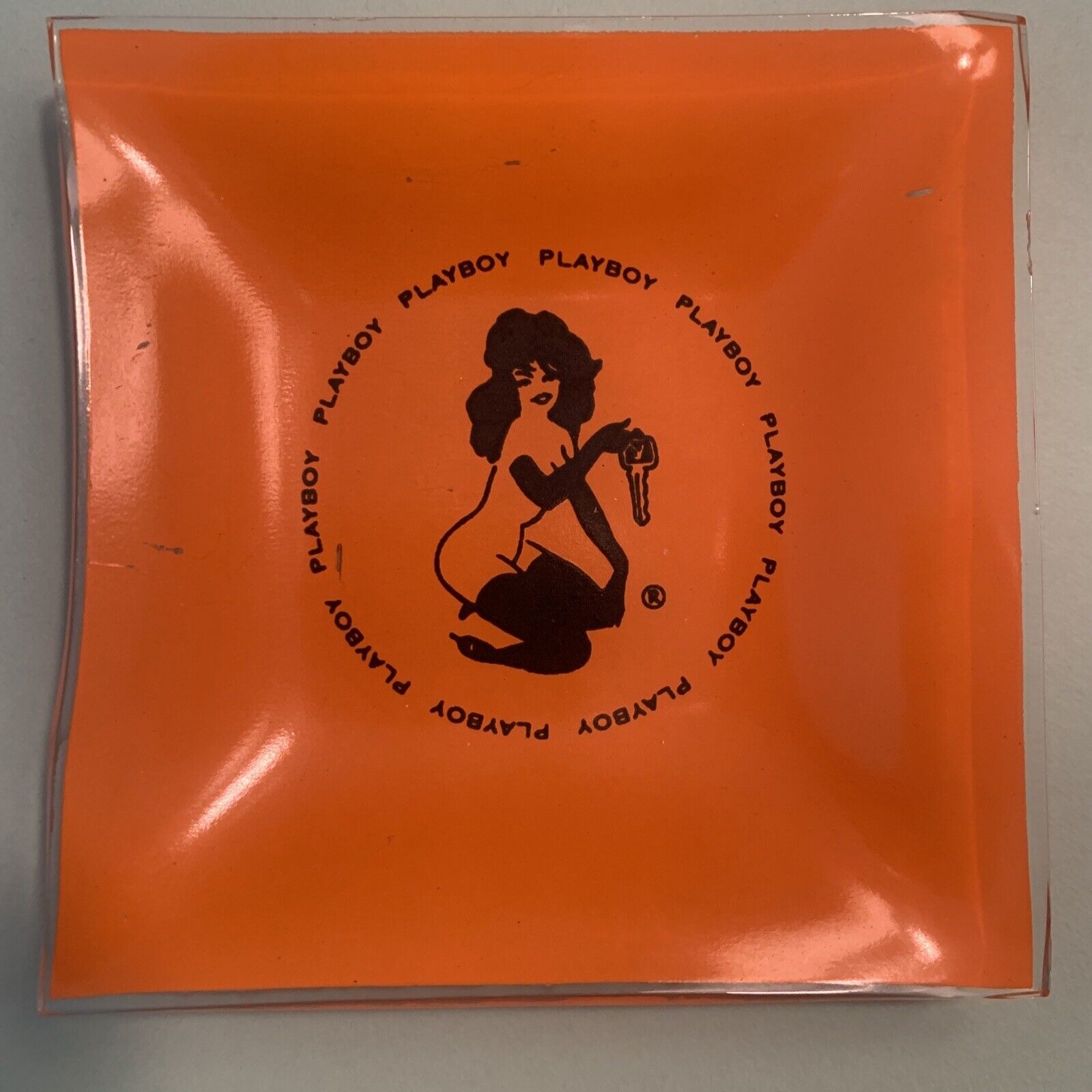 Vintage 1960's The Playboy Club Key Club Orange Glass Ashtray Trinket Dish Bunny
