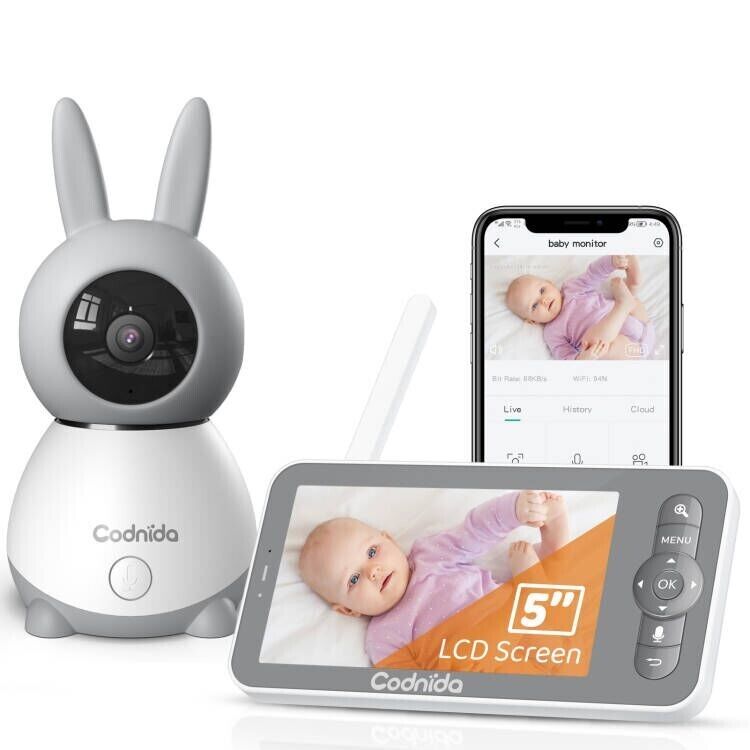 Baby Monitor Camera & Audio 5'' LCD Display Pan Tilt Remote 1080P Night Vision