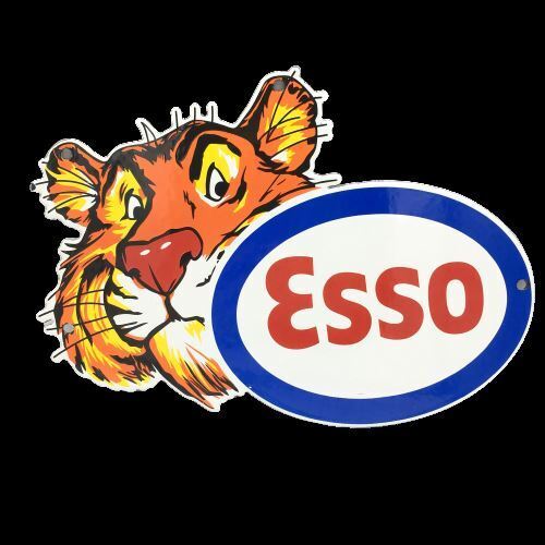VINTAGE PORCELAIN ESSO TIGER GAS AND OIL PORCELAIN METAL ENAMEL GAS STATION DECO