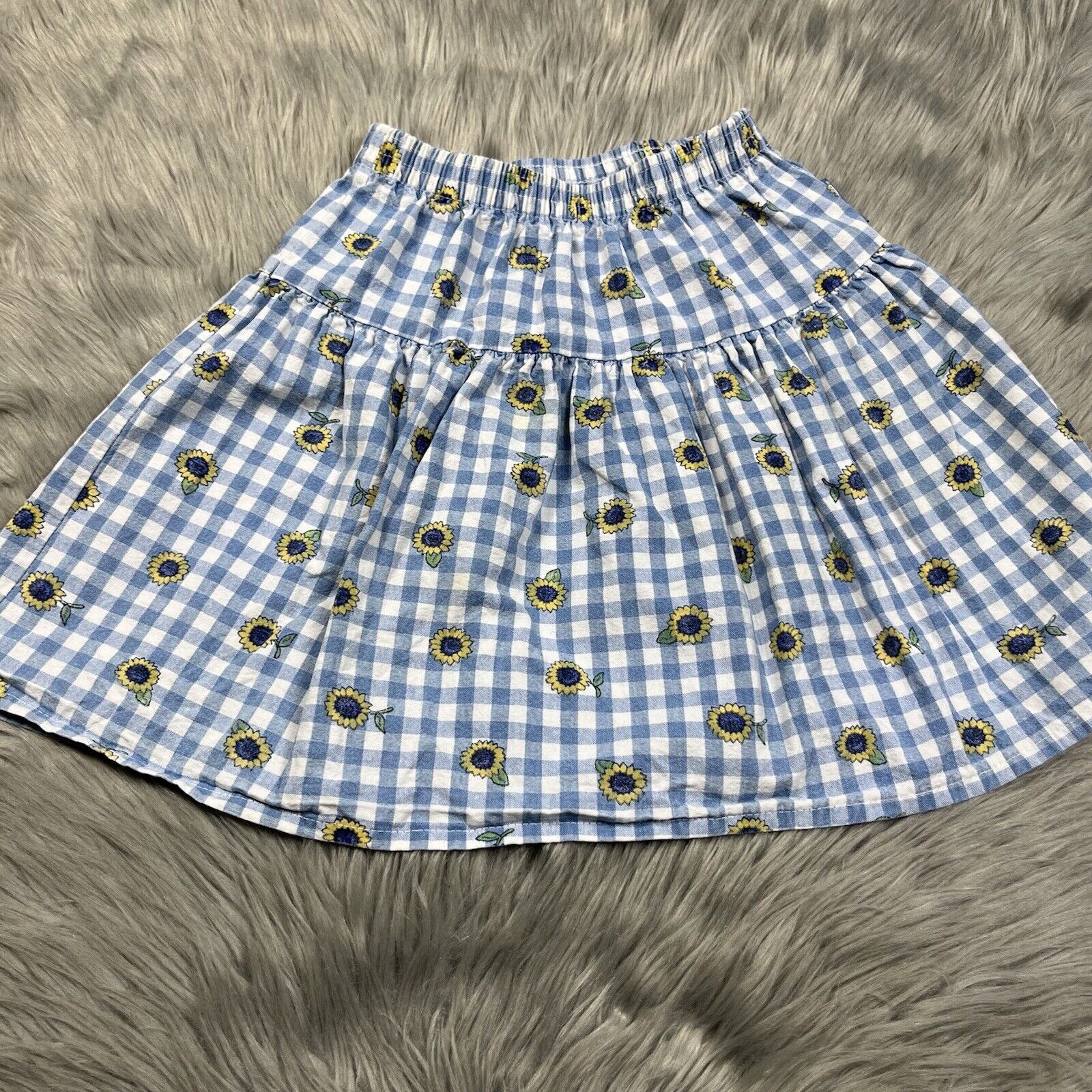 Vintage Oshkosh Bgosh Blue White Checkered Sunflower Floral Skirt