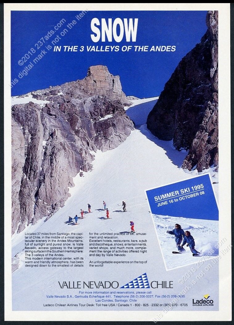 1995 Valle Nevado ski area Chile skier skiing photo vintage print ad