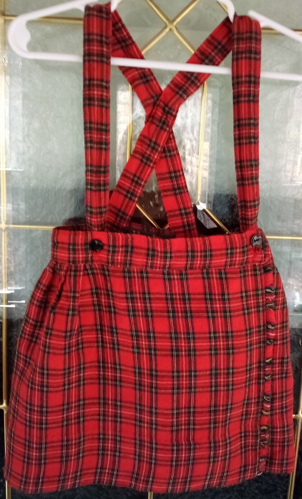 Vintage Girls Red Plaid Scottish Tartan Wrap Around Wool/Cotton Suspender Skirt