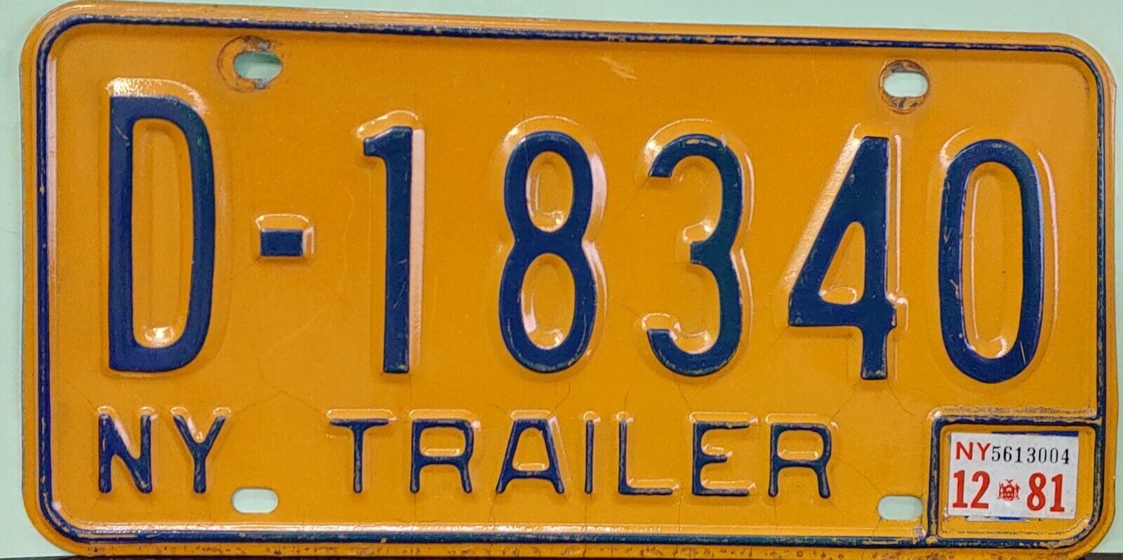 1981 New York Steel Embossed Trailer License Plate # D-18340