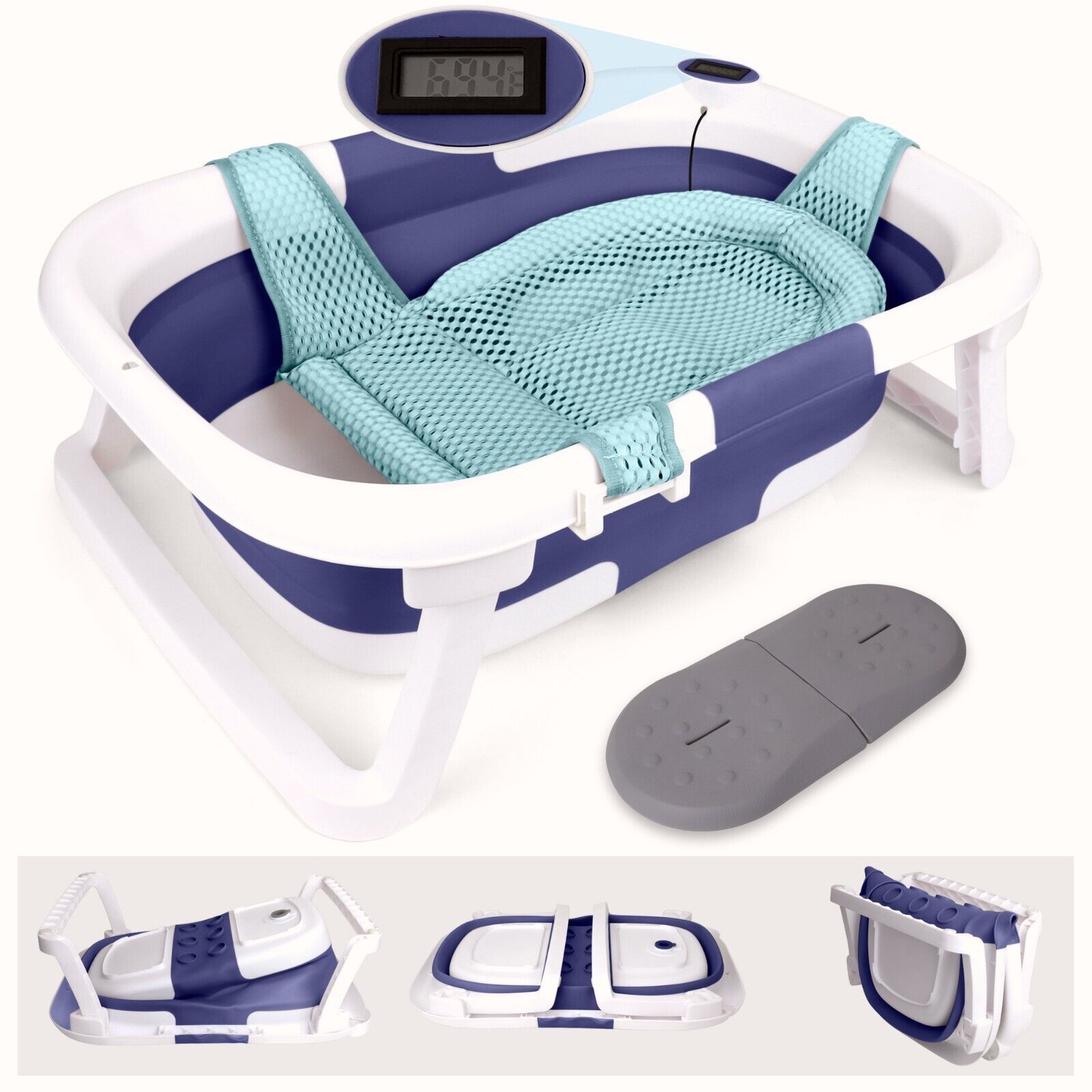 Foldable Infant Baby Bathtub Collapsible Newborn Safety Bath Tub W/ Thermometer