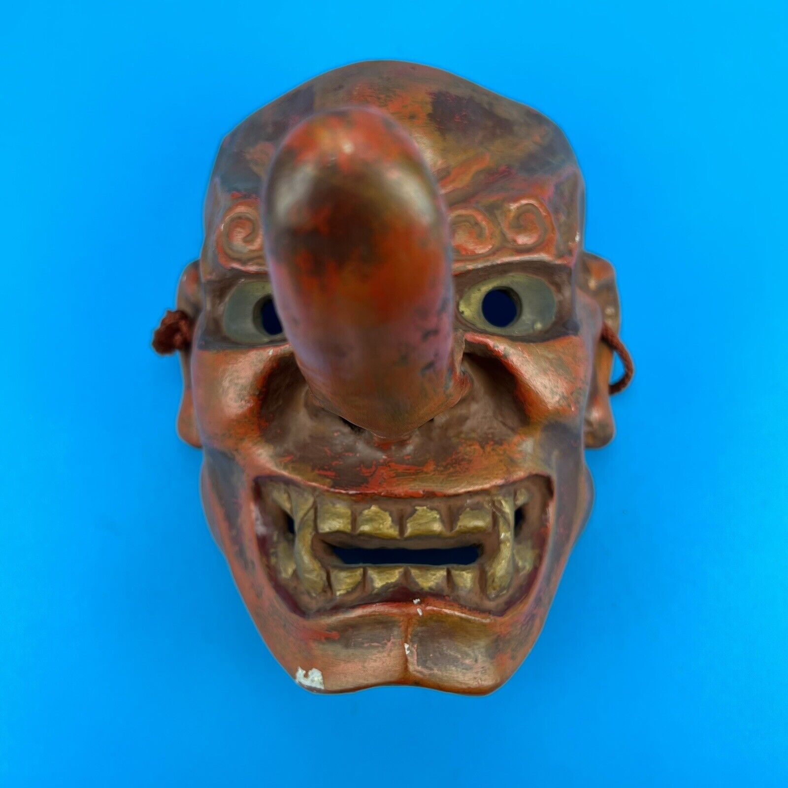 VINTAGE JAPANESE CERAMIC NOH DEMON TENGU THEATER MASK JAPAN RED LONG NOSE ART
