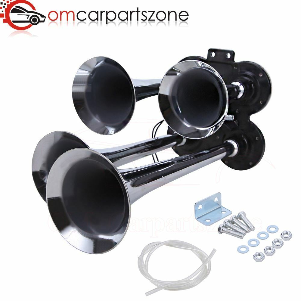 Train Air Horn 4 Trumpets Chrome Plated For Truck Car Loud Sound SUV 150 dB 12V