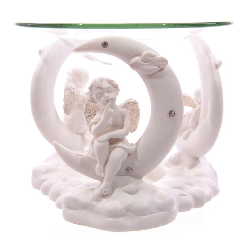 White Cherub and Crescent Moon Oil & Wax Burner with Glass Dish