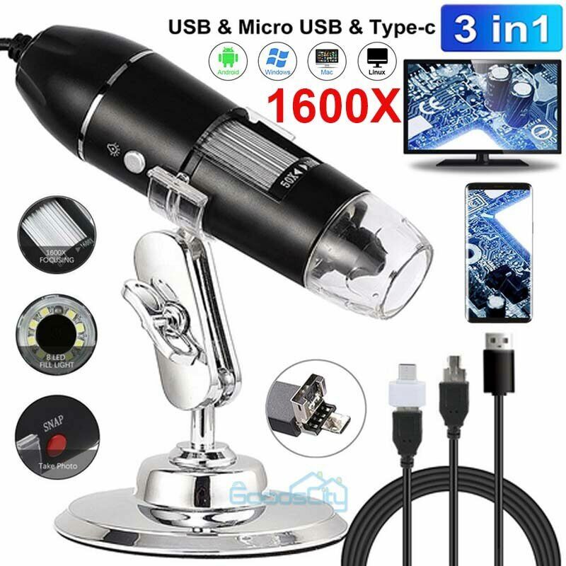 1600X Zoom 8LED HD 1080P USB Microscope Digital Magnifier Endoscope Video Camera