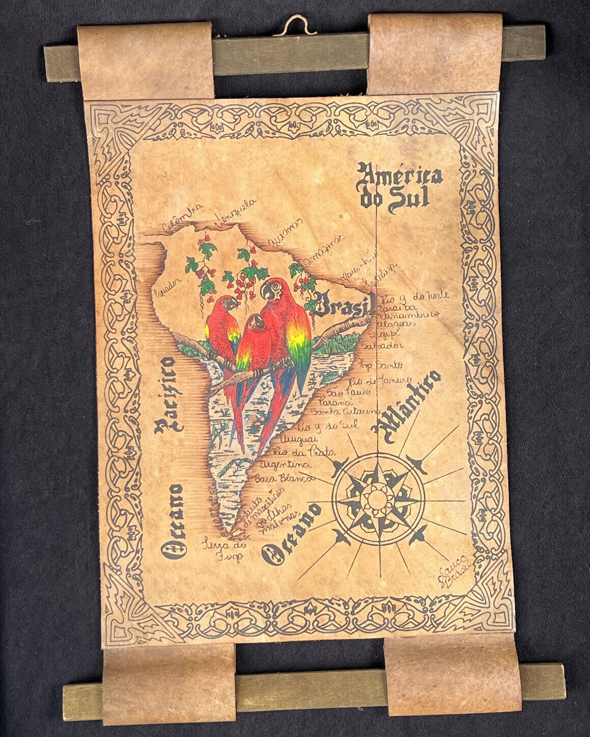 Leather Map of South America ~Glauco Brasil~ Wall Hanging ~Wooden Dowels Brazil