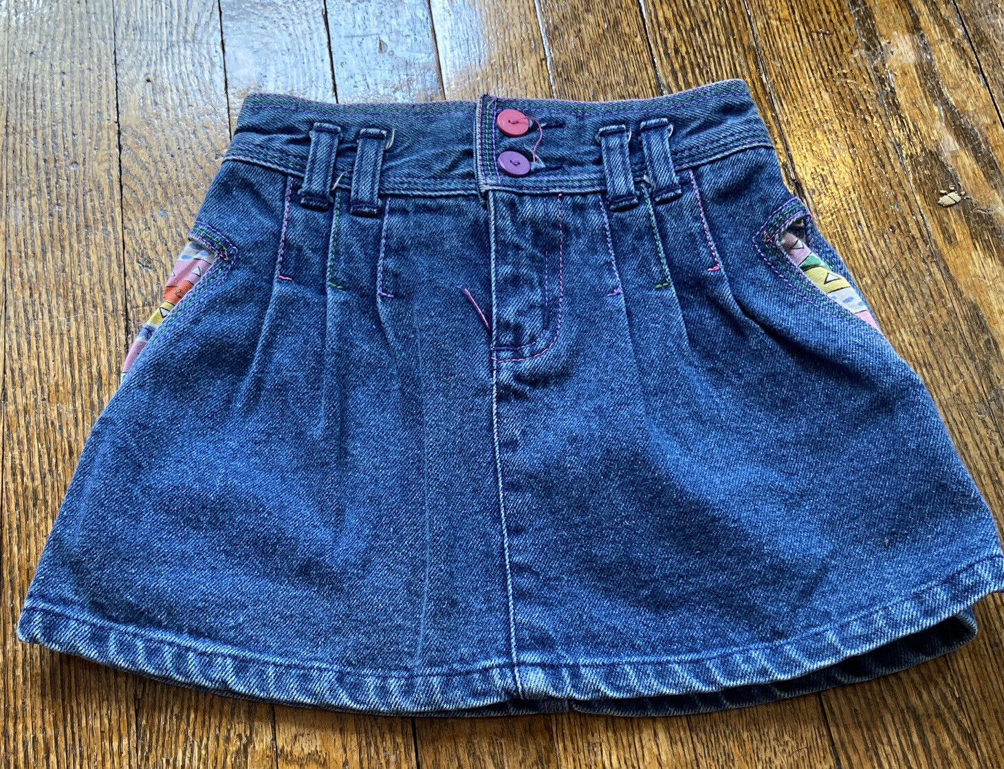 Vintage Kids Denim Skirt 1980s Calabash Pleated High Waisted Pastel Accents 2T