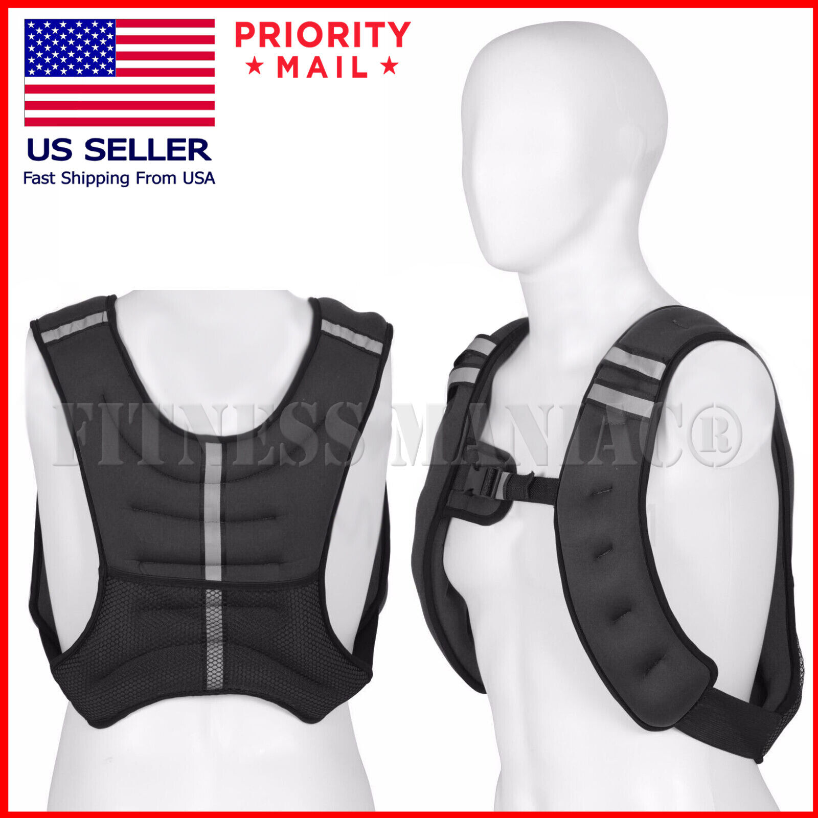 Weighted Vest 10-20lbs Weight Reflective Workout Strength Training Running Black