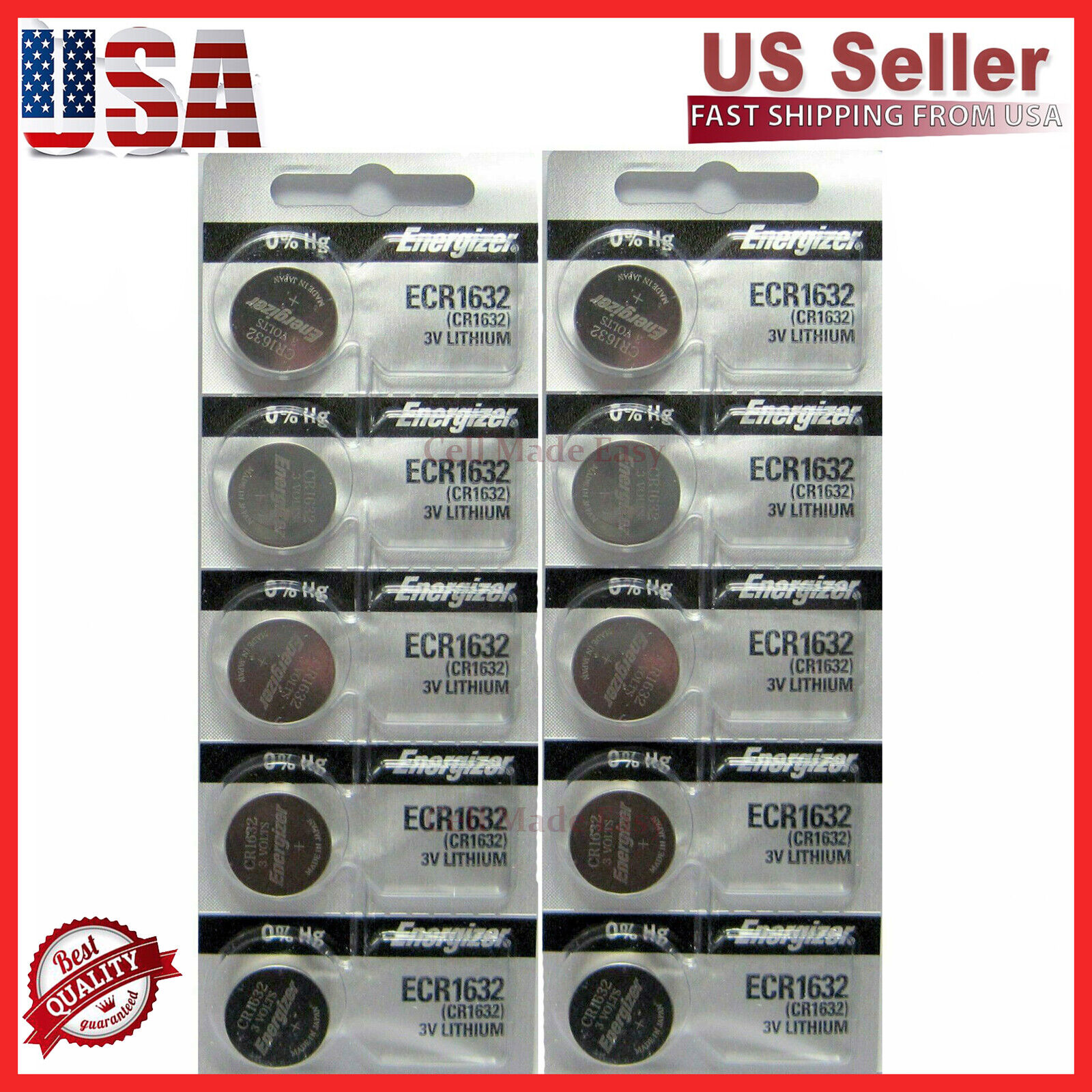 10 PACK FRESH ENERGIZER CR1632 ECR1632 1632 3V Lithium Coin Battery Expire 2031