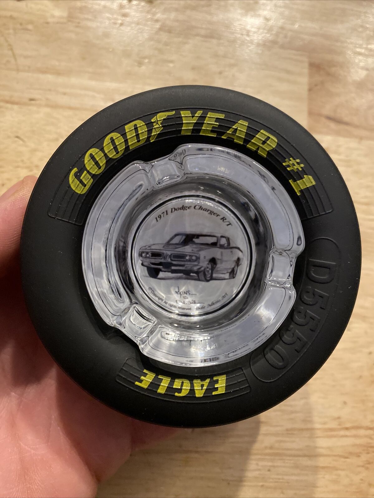 Goodyear Tires Ashtray Dodge Charger NASCAR Glass on Rubber Cigar Cigarette Car