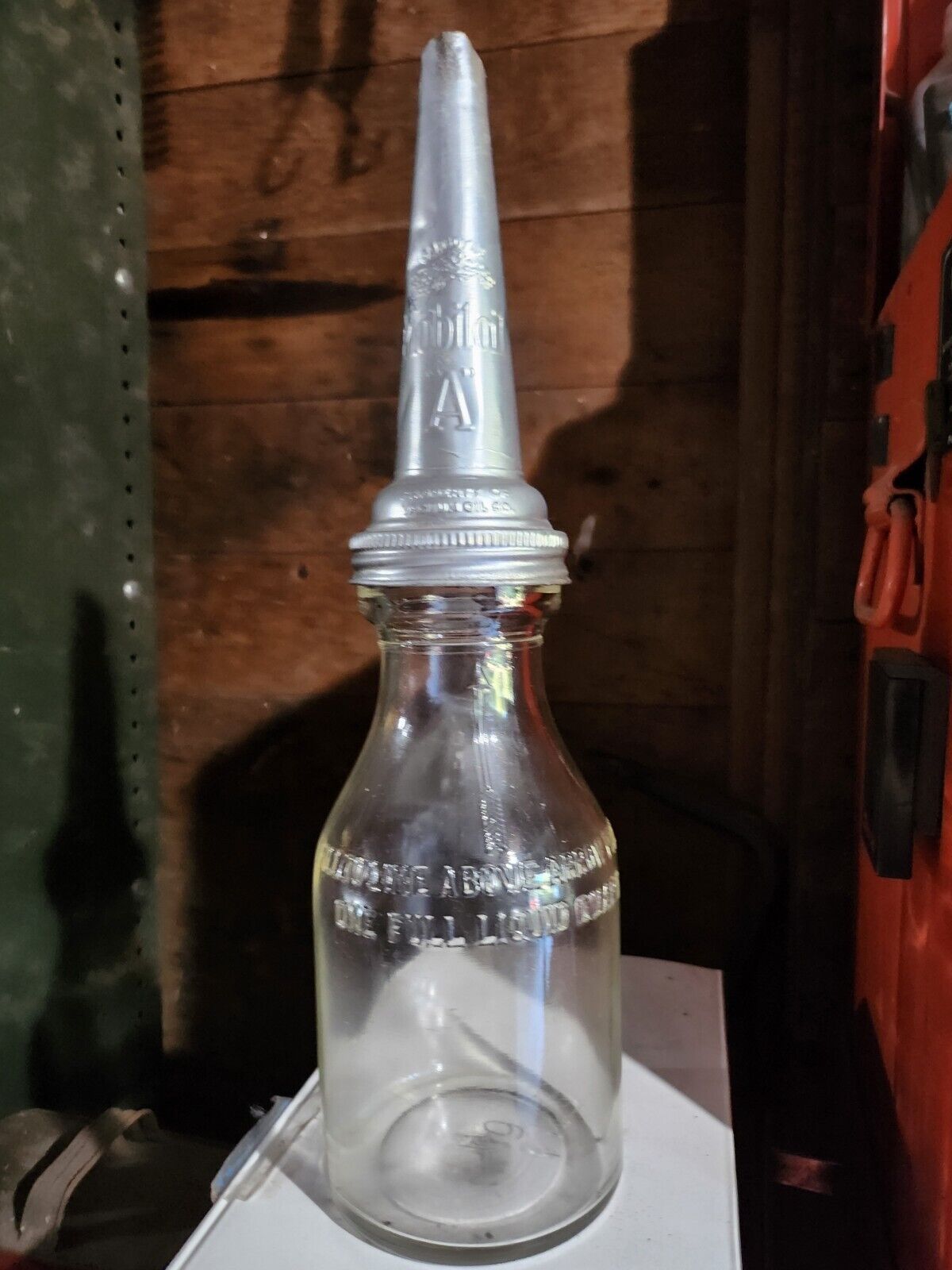 Vintage Mobiloil Mobil Oil A Gargoyle Metal Spout with Glass Bottle