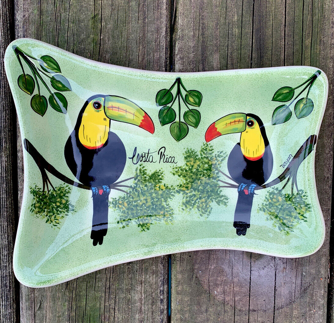 Costa Rica Hand Painted Tropical Exotic Toucan Bird Vintage Dish Plate Signed