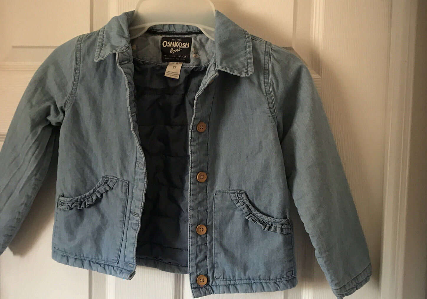 Osh Kosh Bgosh Girls Jean Jacket sz 5T Lined Ruffle Pockets Cute!