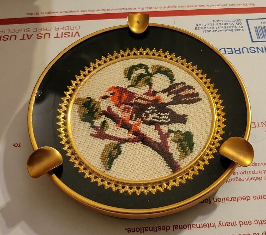 Vintage MCM  Embroidered Needlepoint Ashtray - BIRD