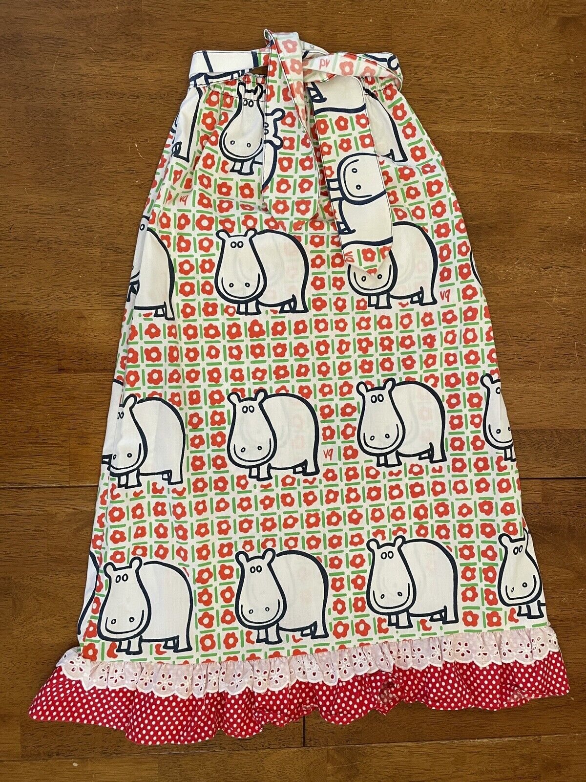 70s Vintage Moomin Scandi Floral Eyelet Ruffle Maxi Skirt Red White 6