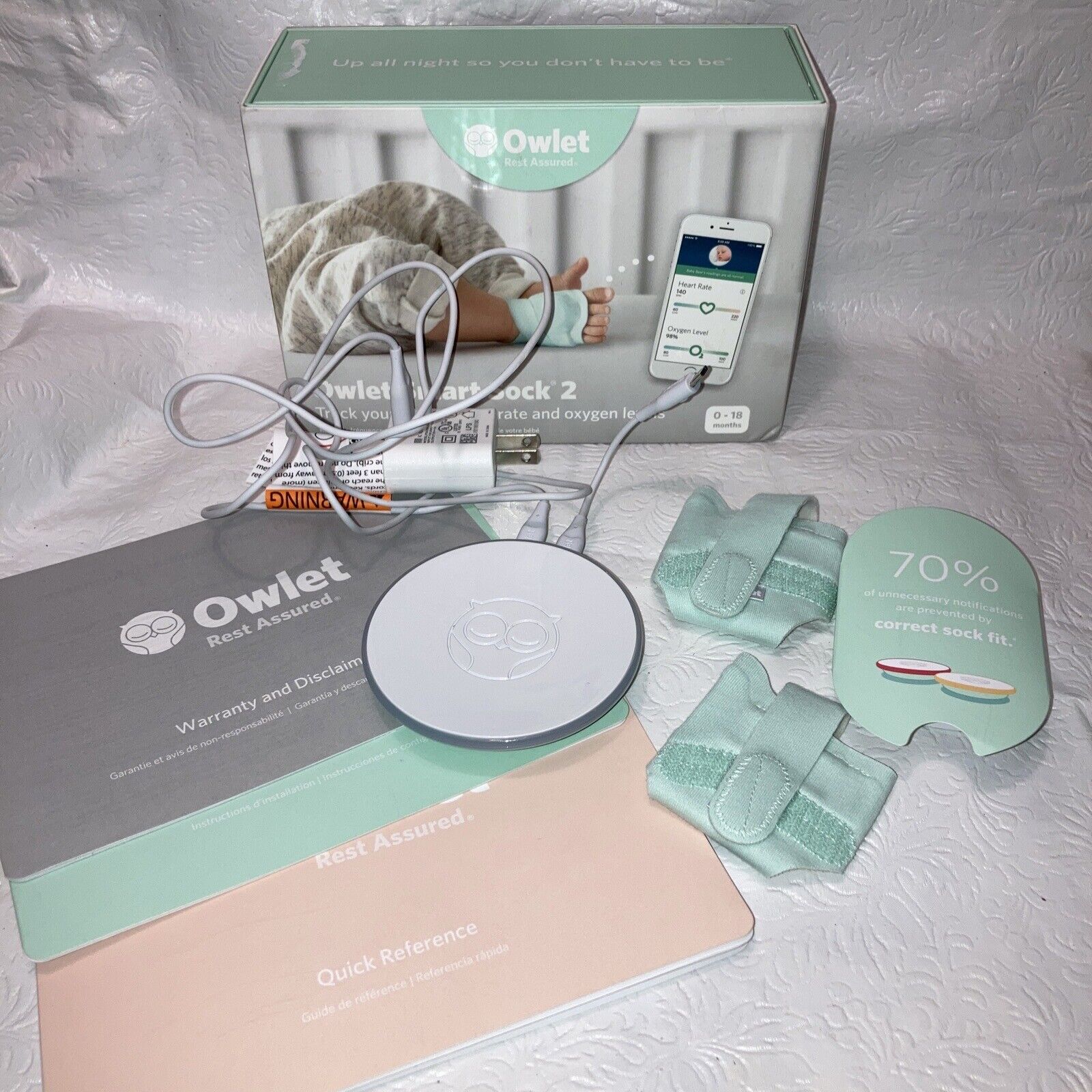 Owlet Smart Sock 2 (Incomplete) Base Station / Cords / Socks Size 2&3
