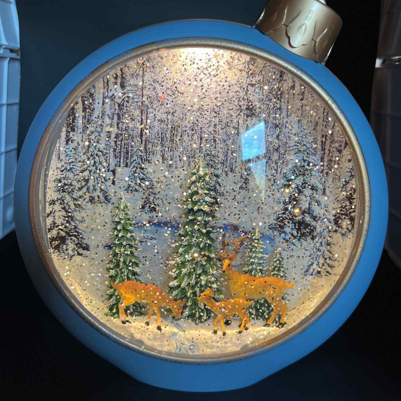 Light Up Deer Forest Winter Snow Globe Ornament Timer
