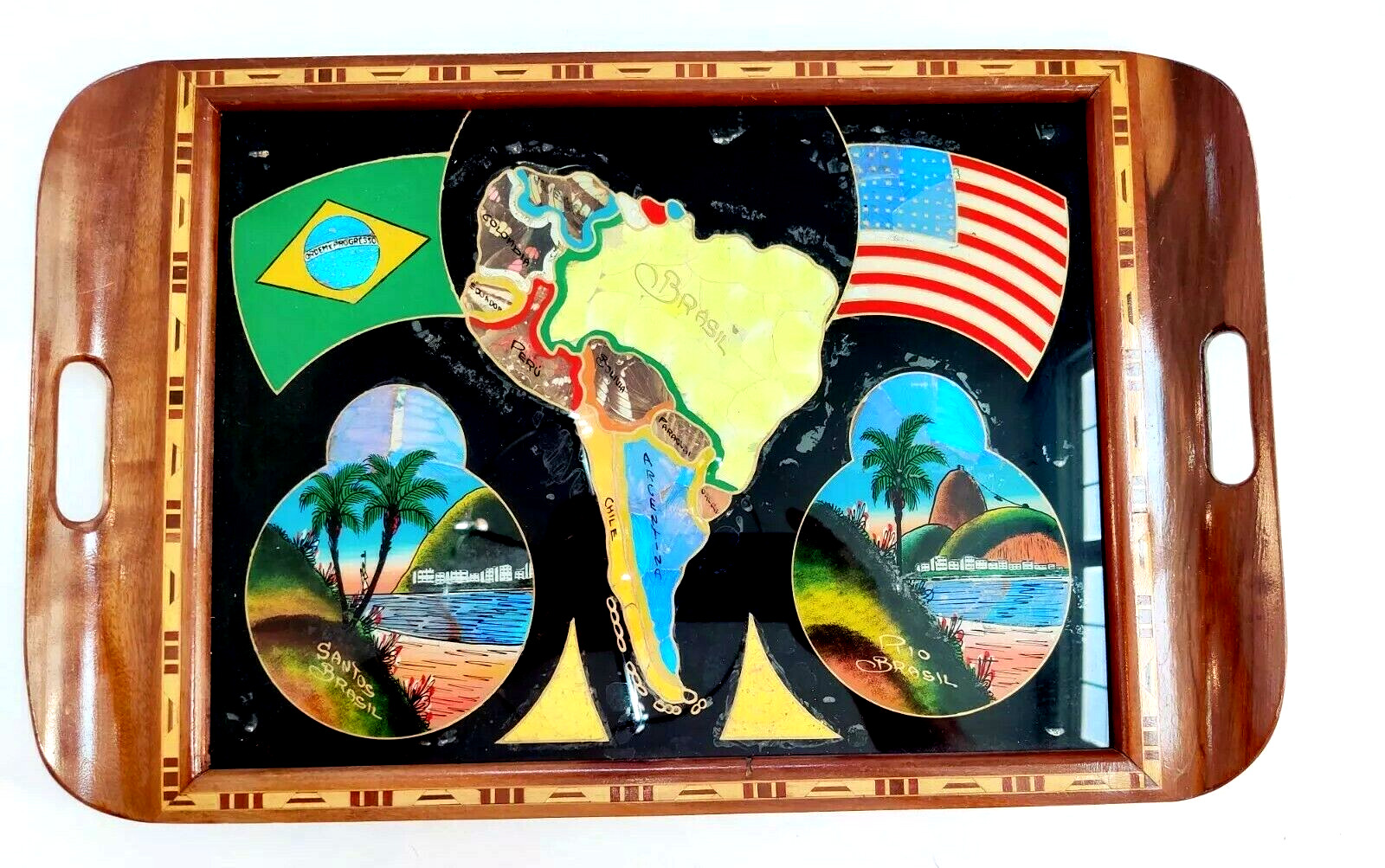 Art deco South America,Brazil,Rio w/USA American Flag butterfly TEAK inlaid TRAY