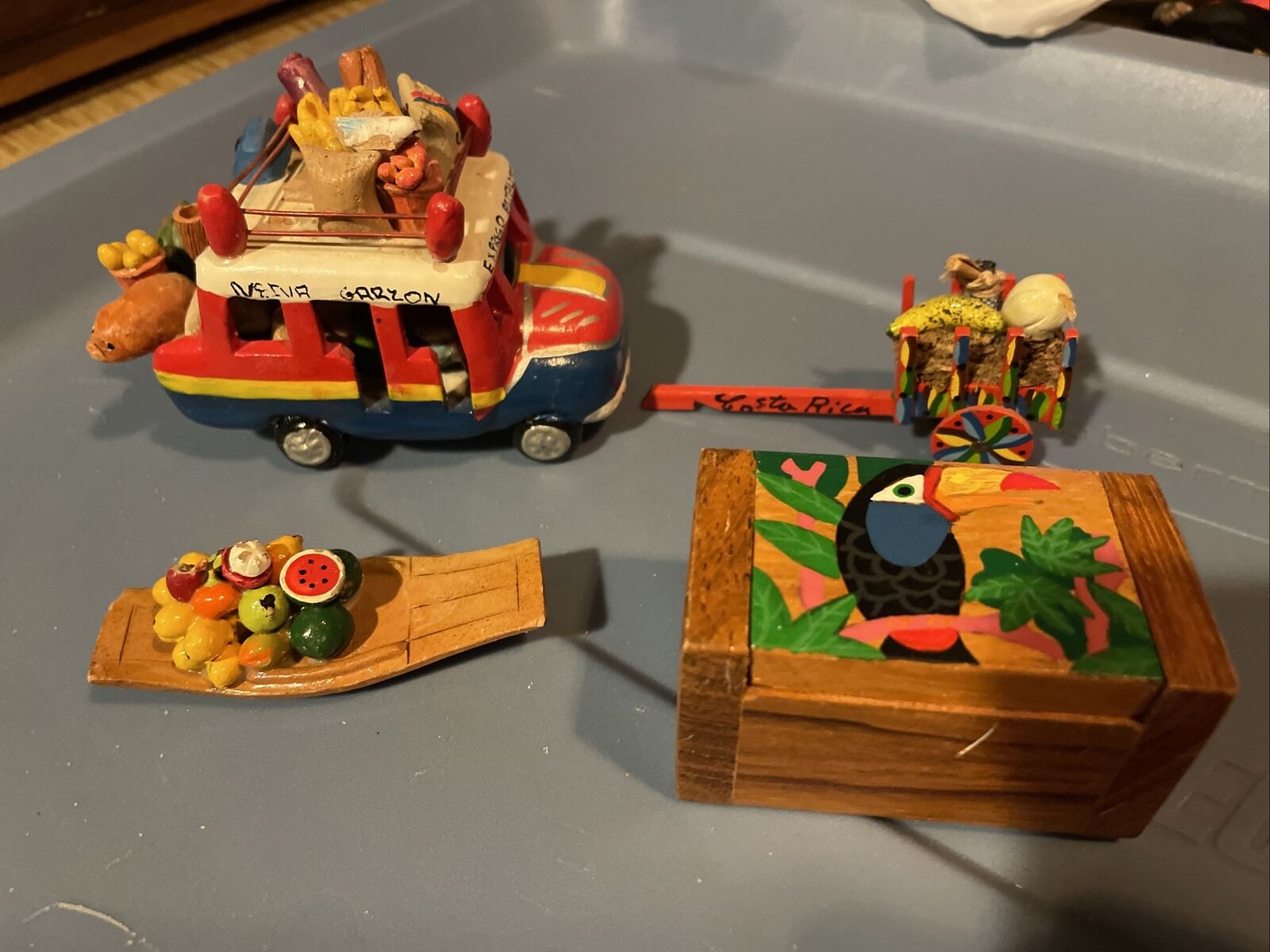 Vintage Costa Rica Wooden Cart Bus Fruit  Souvenir FOLK ART LOT