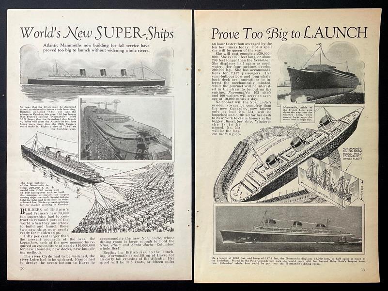 Normandie~Queen Mary 1934 pictorial “New Super Ships Prove Too Big to Launch”