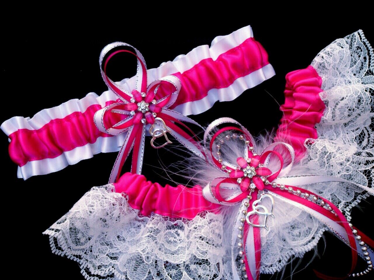 HANDMADE Set of 2 Fuchsia Satin Silver White GARTER + TOSS Prom Wedding Bridal