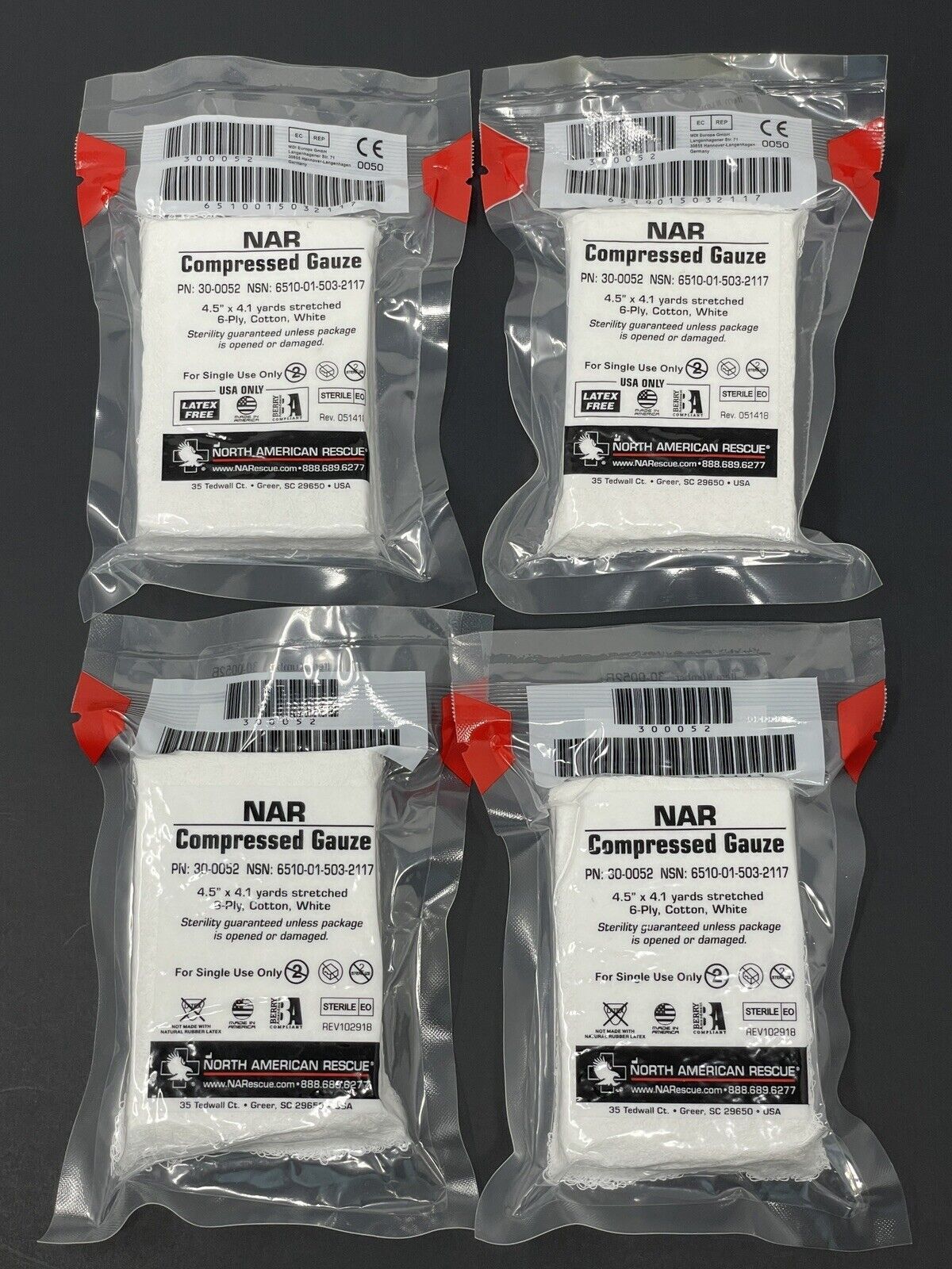 *4-Pack* North American Rescue NAR Flat Square Compressed Gauze - Exp 2027-2028