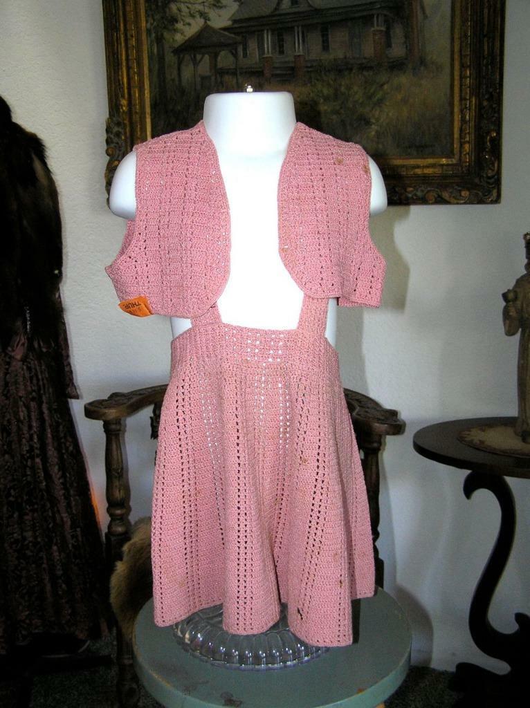 Vintage Delicate Grandma Crochet 1930's Pink Skirt and Vest for young GIRL