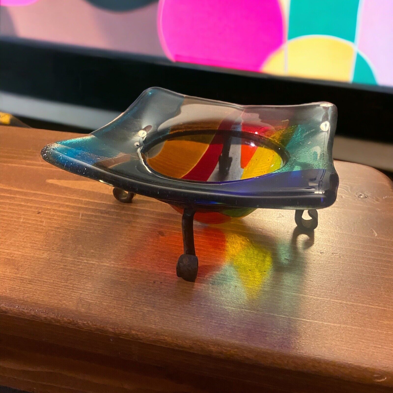 Colorful Square Art Glass Ashtray Jewelry Trinket Dish On Stand