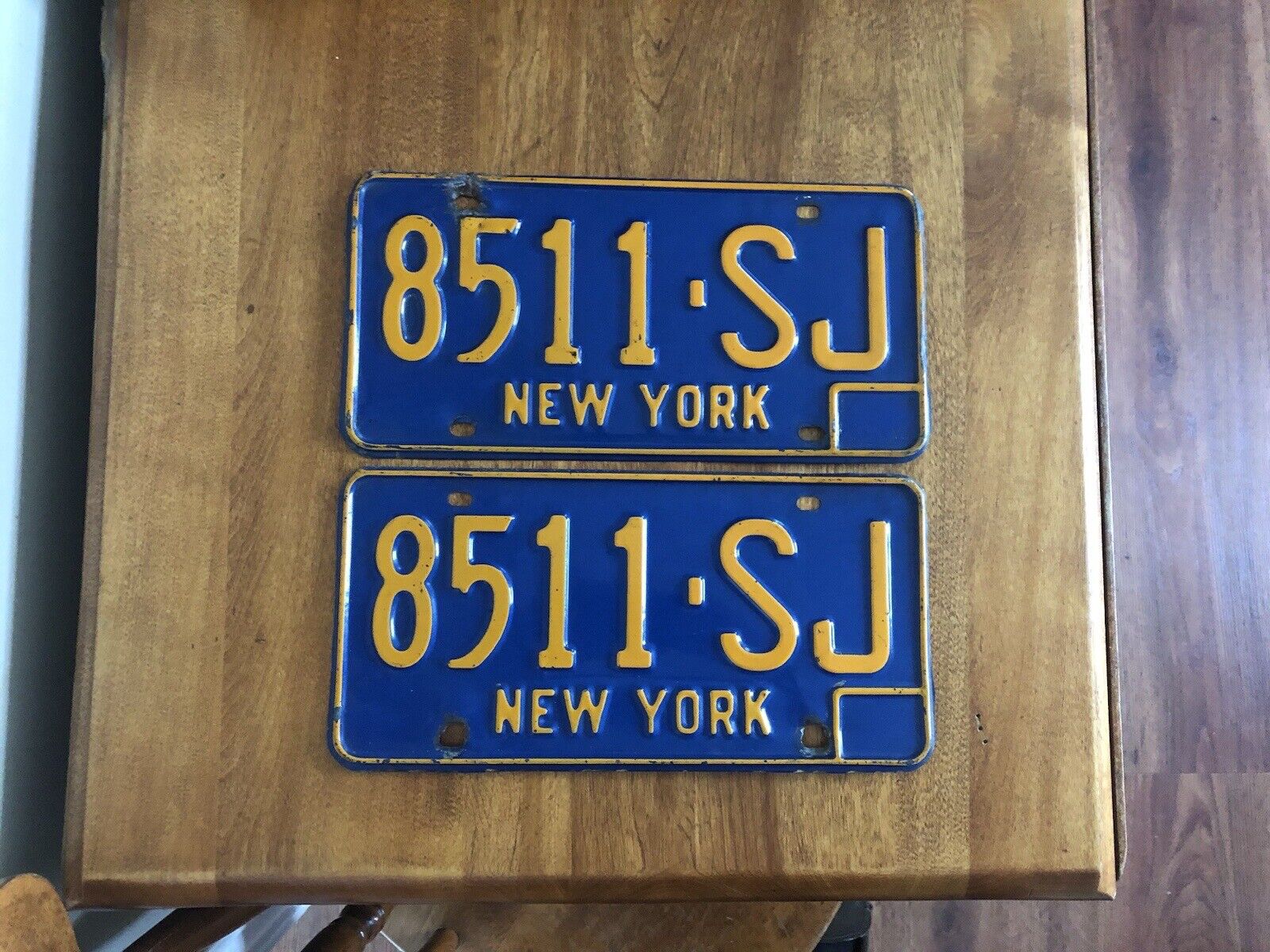 Vtg . 1966-73 New York license plate Tag Set 8511-SJ  NYS DMV CLEAR  CHEVY FORD