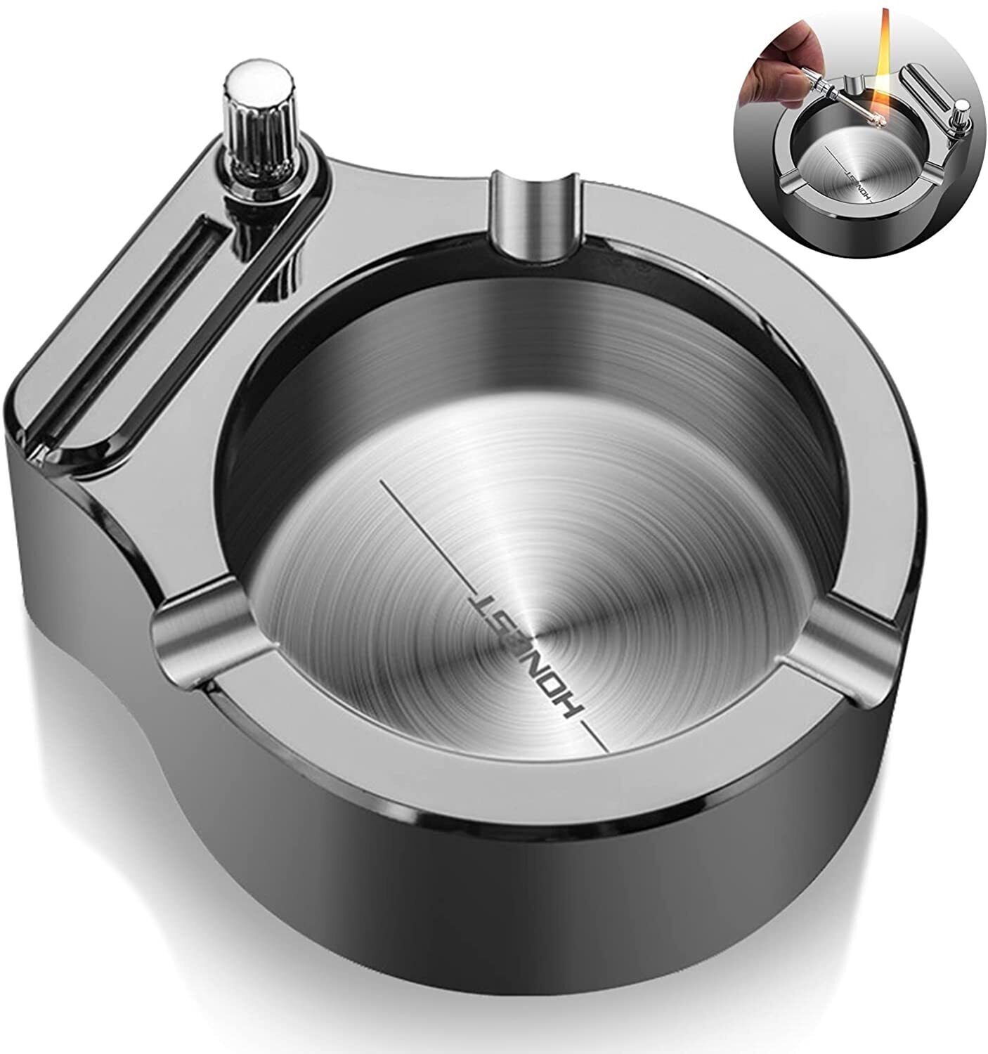 Large Cigarette Ashtray with Permanent Match Lighter Metal AshTray Set for Cigar