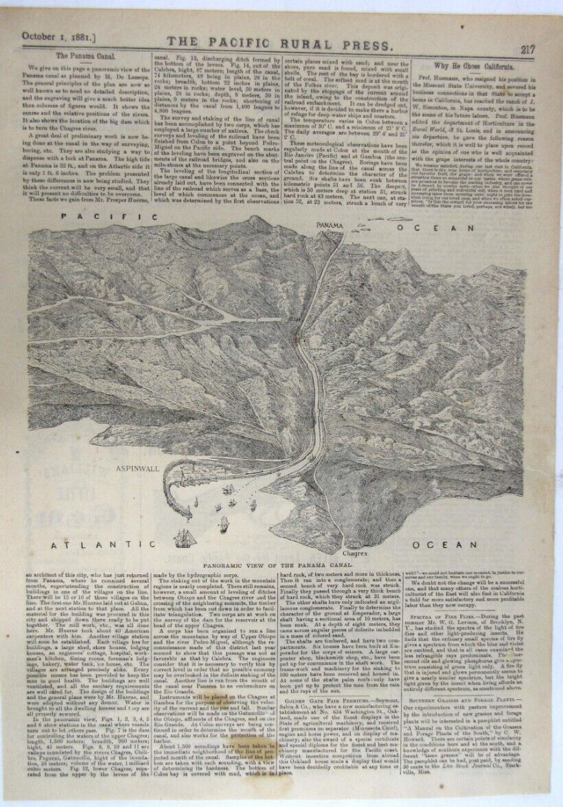 Vintage 1881 Panama Canal Zone Proposal Map Newspaper Page