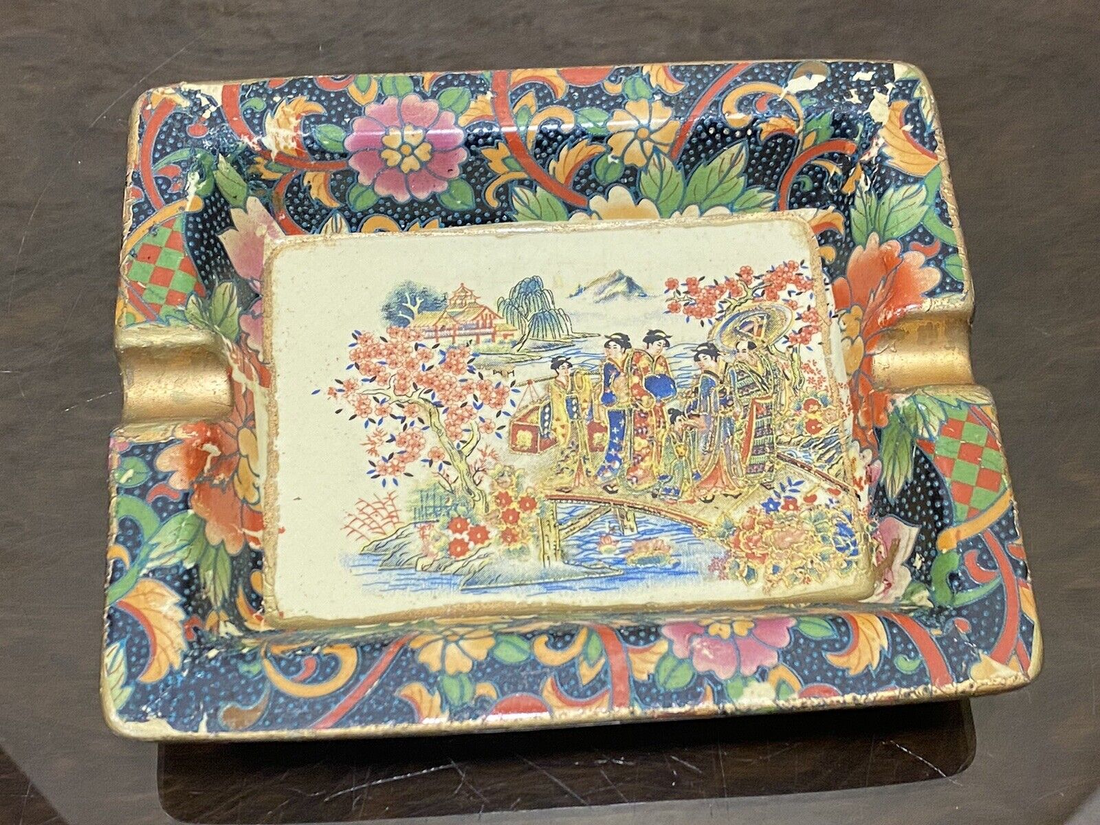 Vintage Hand Painted Royal Satsuma Ashtray with Asian ladies, 1970's