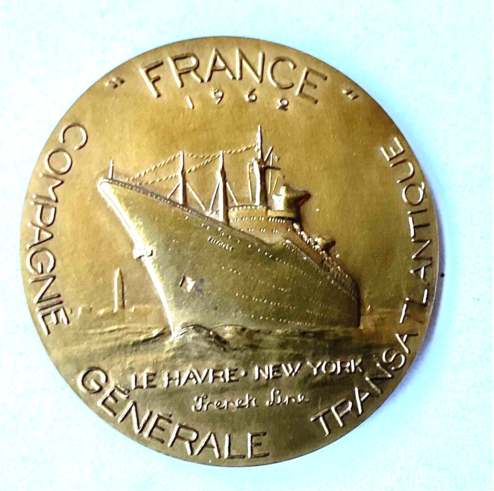 CGT French Line SS France1962 Bronze Medal Voyage Le Havre to New York Steamship
