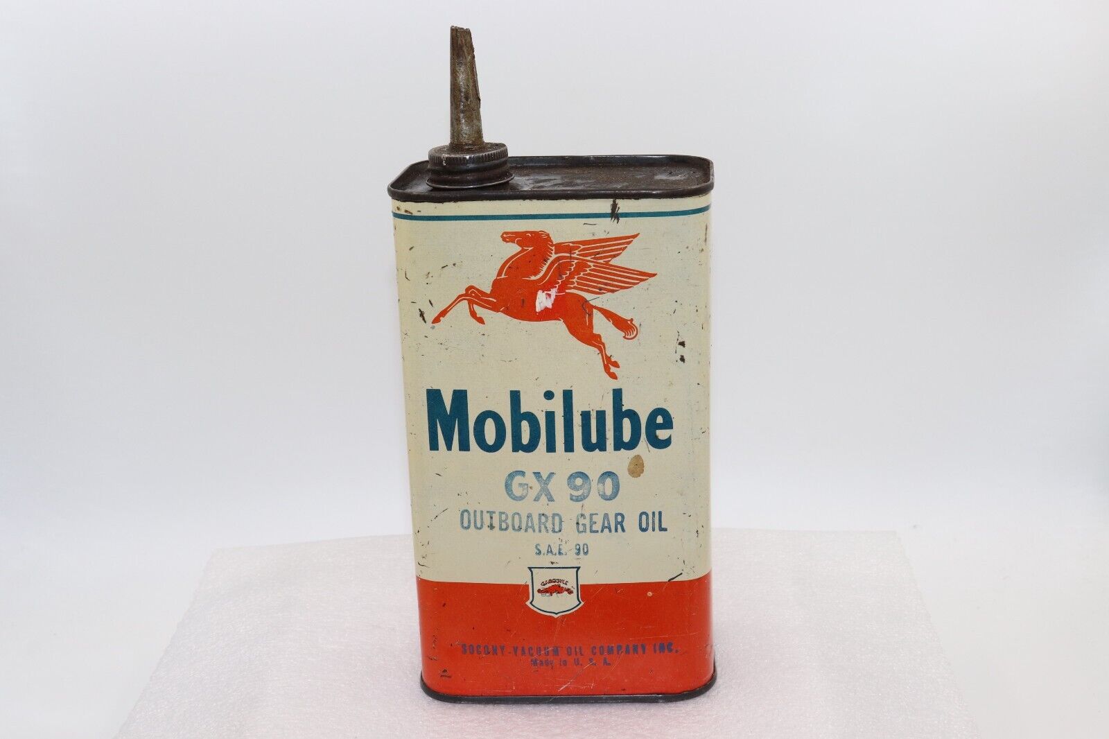Vintage Mobilube GX 90 Outboard Gear Oil Can Metal Spout SAE 90 Pegasus Mobil