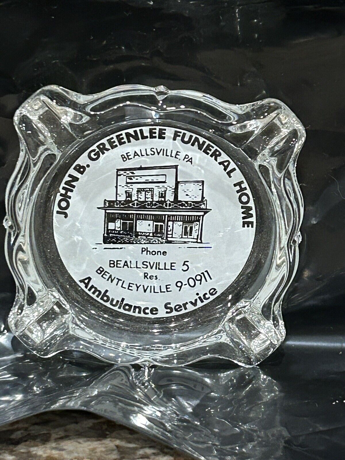 Vintage Funeral Home Glass Advertising Ashtray Old Phone Number Beallsville PA