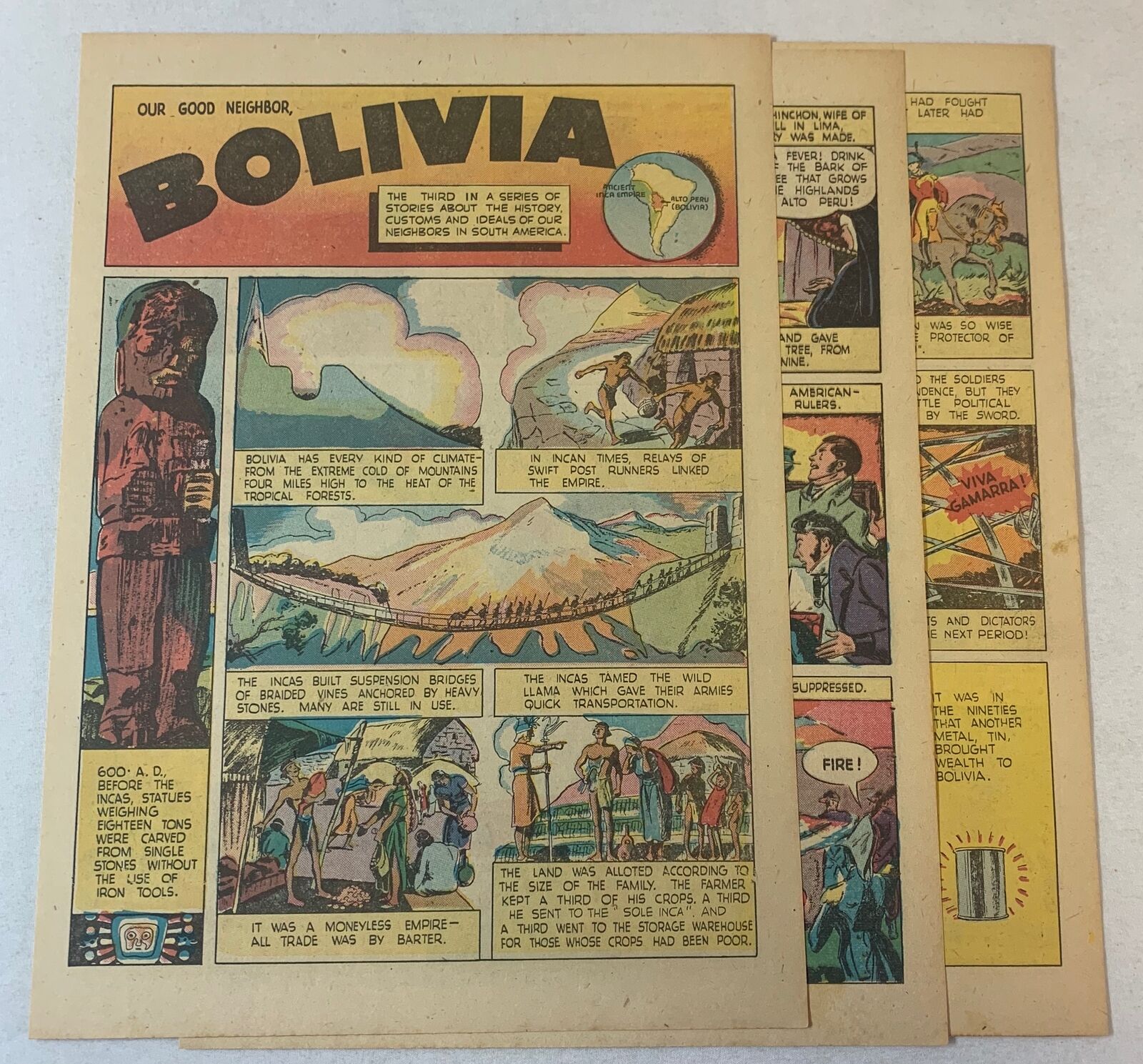 1944 six page cartoon story ~ BOLIVIA ~ Simon Bolivar, Andres Santa Cruz