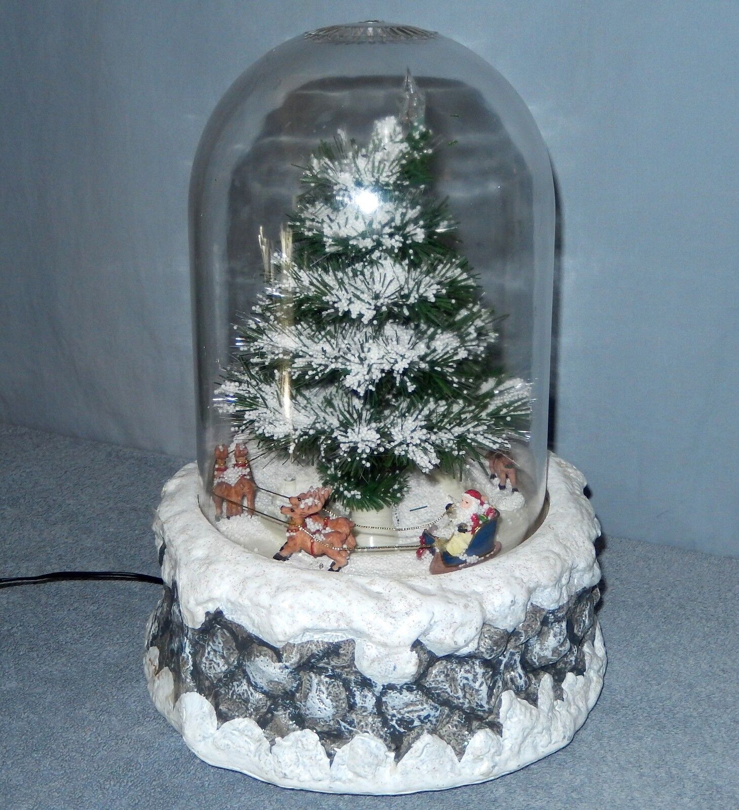 Very Rare Snow Globe Santa in Sleigh Musical Snowing over Christmas Tree