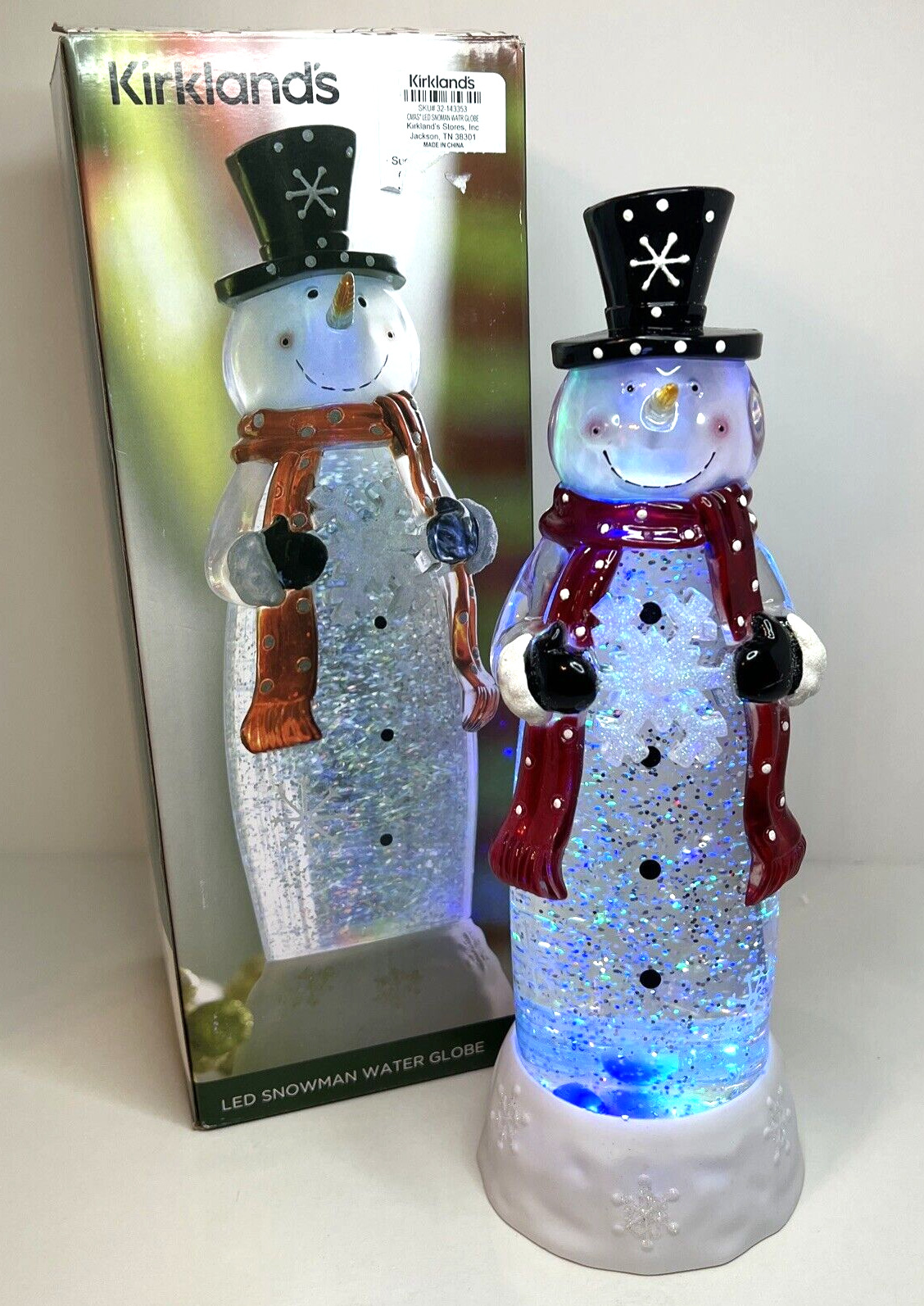Christmas Kirkland’s LED Snowman Water Globe Glitter Light Snow Flake Red Scarf