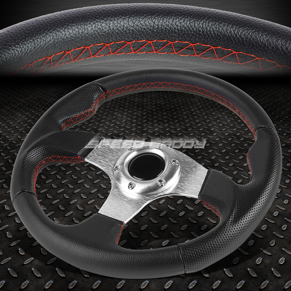 320MM SILVER SPOKE RED STITCH LIGHTWEIGHT 6-BOLT LEATHER RACING STEERING WHEEL