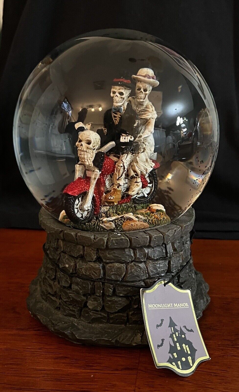 NEW Skeleton Rider Couple Red Glitter Motorcycle￼ Musical Water Globe